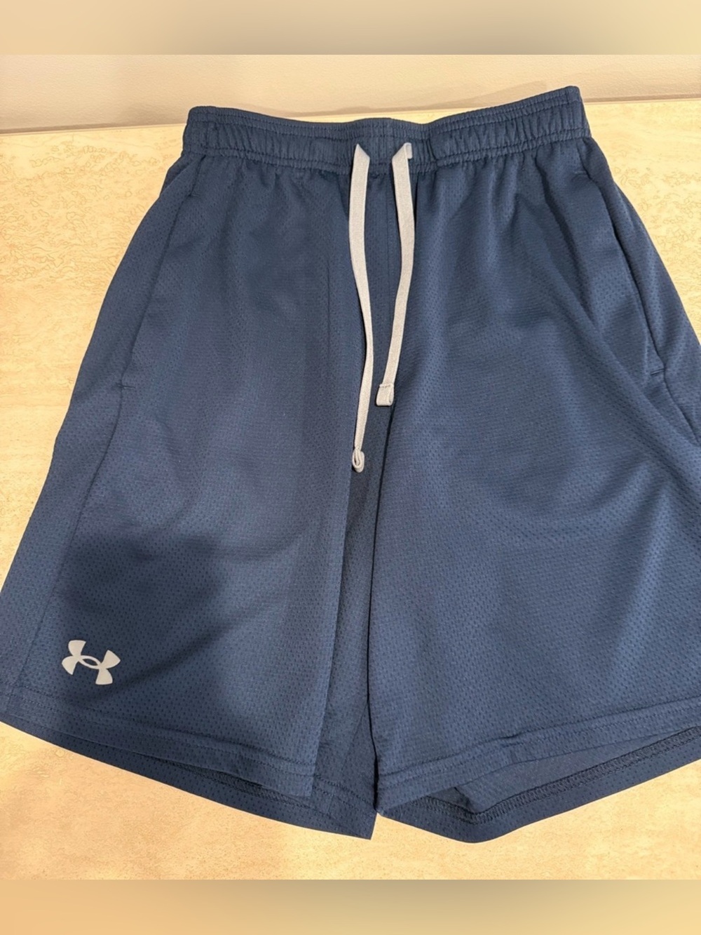 Under Armour Men's Dark Blue Athletic Mesh Shorts with White Drawstring